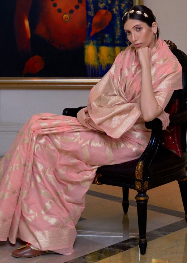 Sweet Pink Banarasi-Chanderi Fusion Woven Silk Saree Clothsvilla