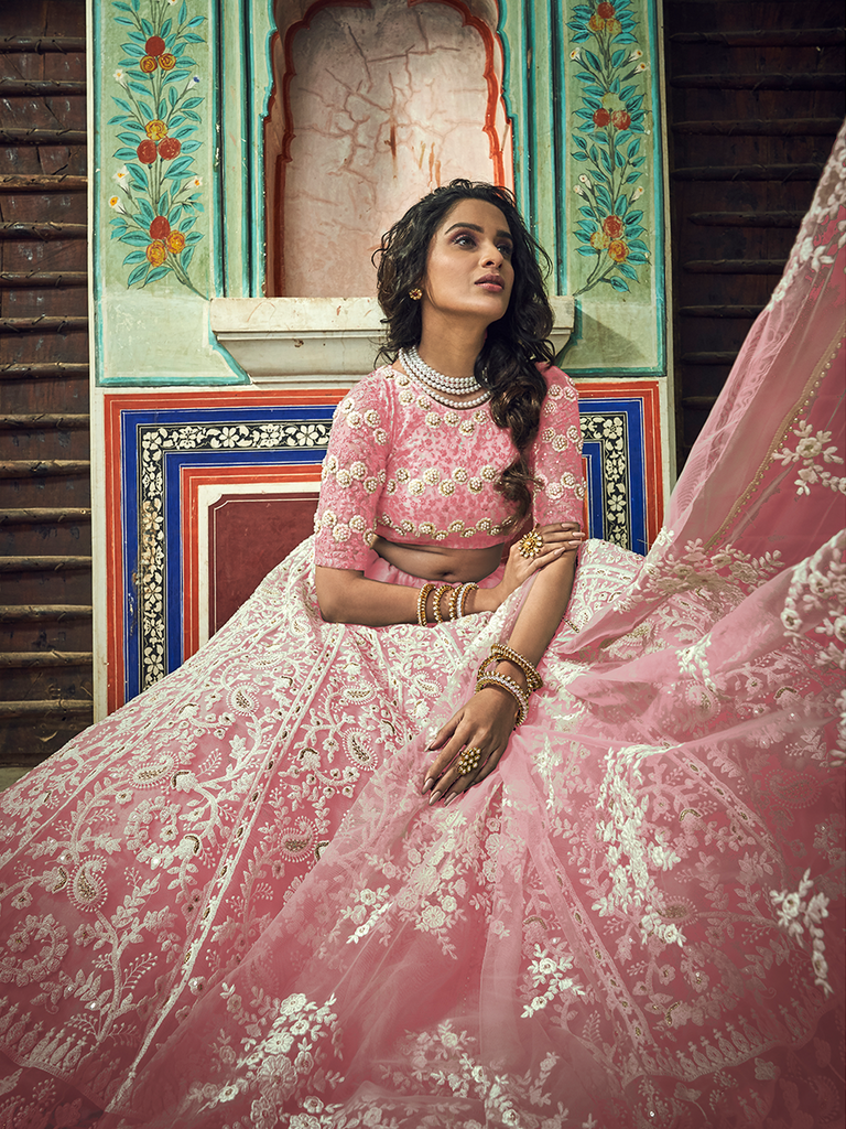 Pink Embroidered Soft Net Semi Stitched Lehenga With Unstitched Blouse Clothsvilla