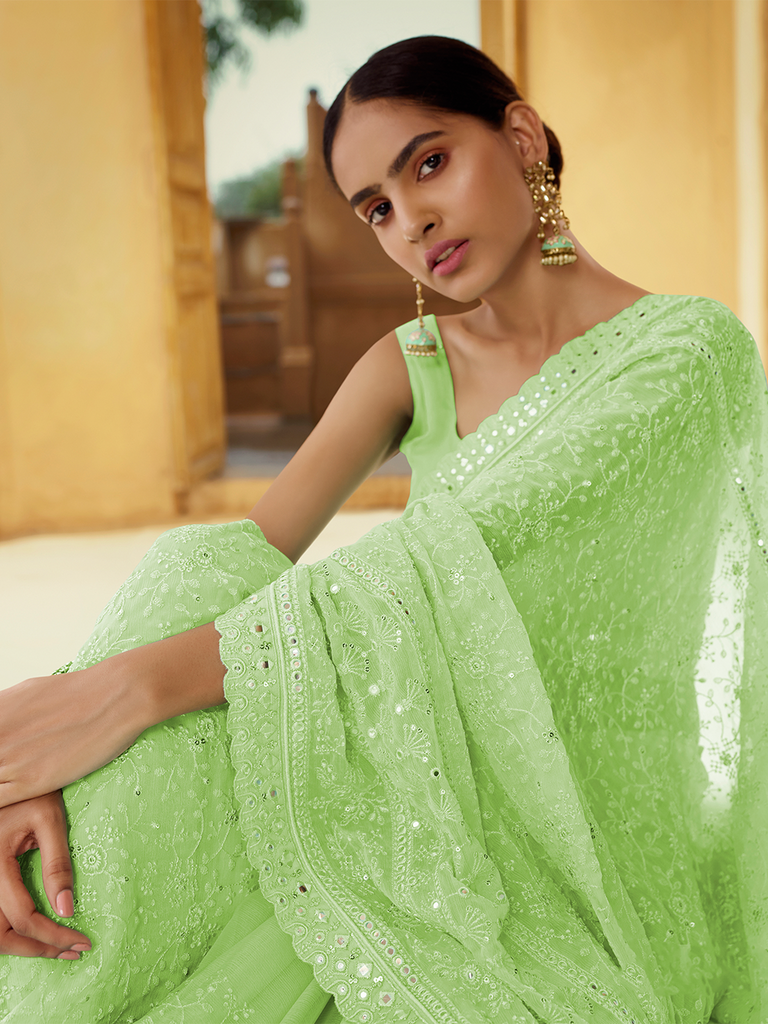 Green Georgette Saree With Unstitched Blouse Clothsvilla