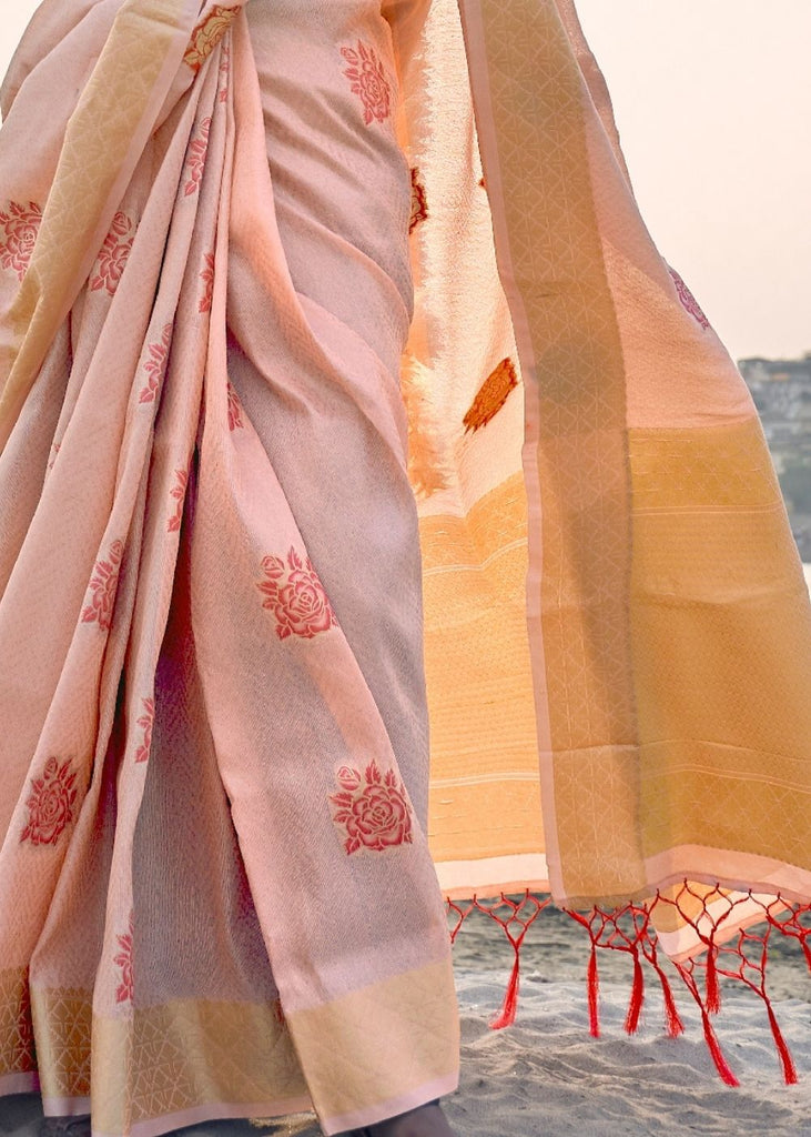 Salmon Pink Linen Silk Saree with Zari Woven Butti overall Clothsvilla