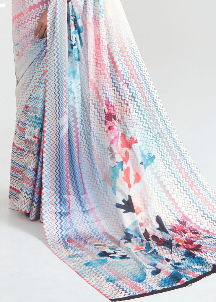 Daisy White & Blue Satin Silk Digital Printed Saree Clothsvilla