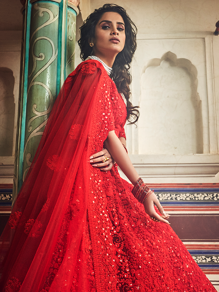 Red Embroidered Soft Net Semi Stitched Lehenga With Unstitched Blouse Clothsvilla