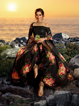 Black Classy Semi Stitched Lehenga With  Unstitched Blouse Clothsvilla