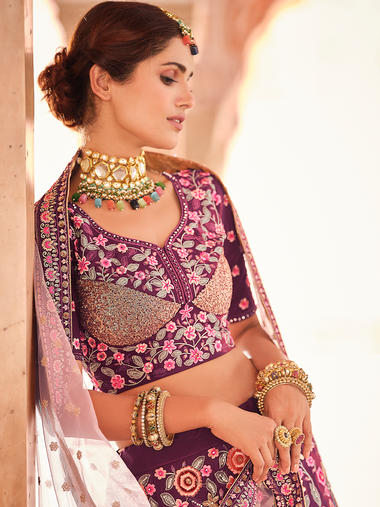 Purple Crepe Semi Stitched Lehenga With Unstitched Blouse Clothsvilla