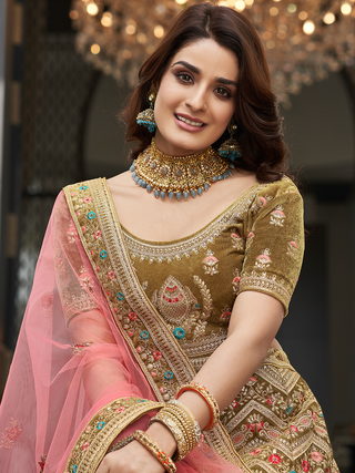 Olive Green Velvet Semi Stitched Lehenga With Unstitched Blouse Clothsvilla