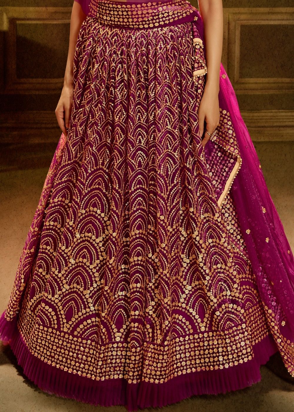 Red Violet Soft Net Designer Lehenga Choli with overall Sequins work Clothsvilla