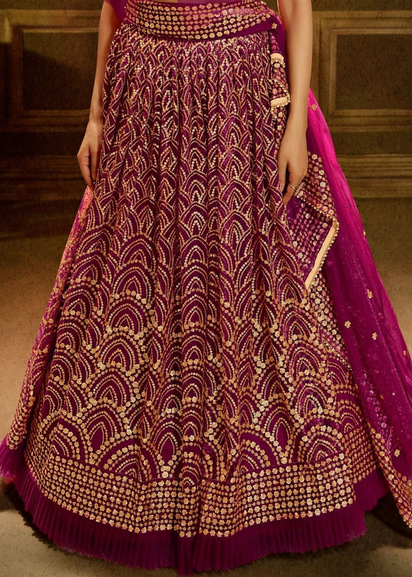 Red Violet Soft Net Designer Lehenga Choli with overall Sequins work Clothsvilla