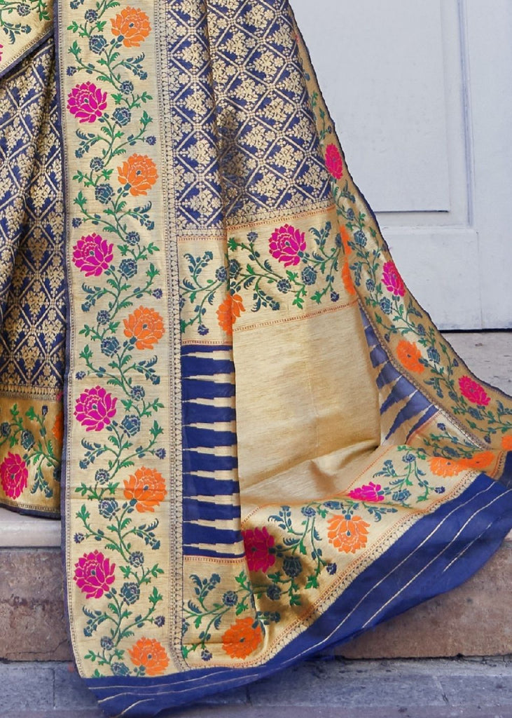 Azure Blue and Golden Blend Silk Saree with Floral Woven Border and Pallu Clothsvilla