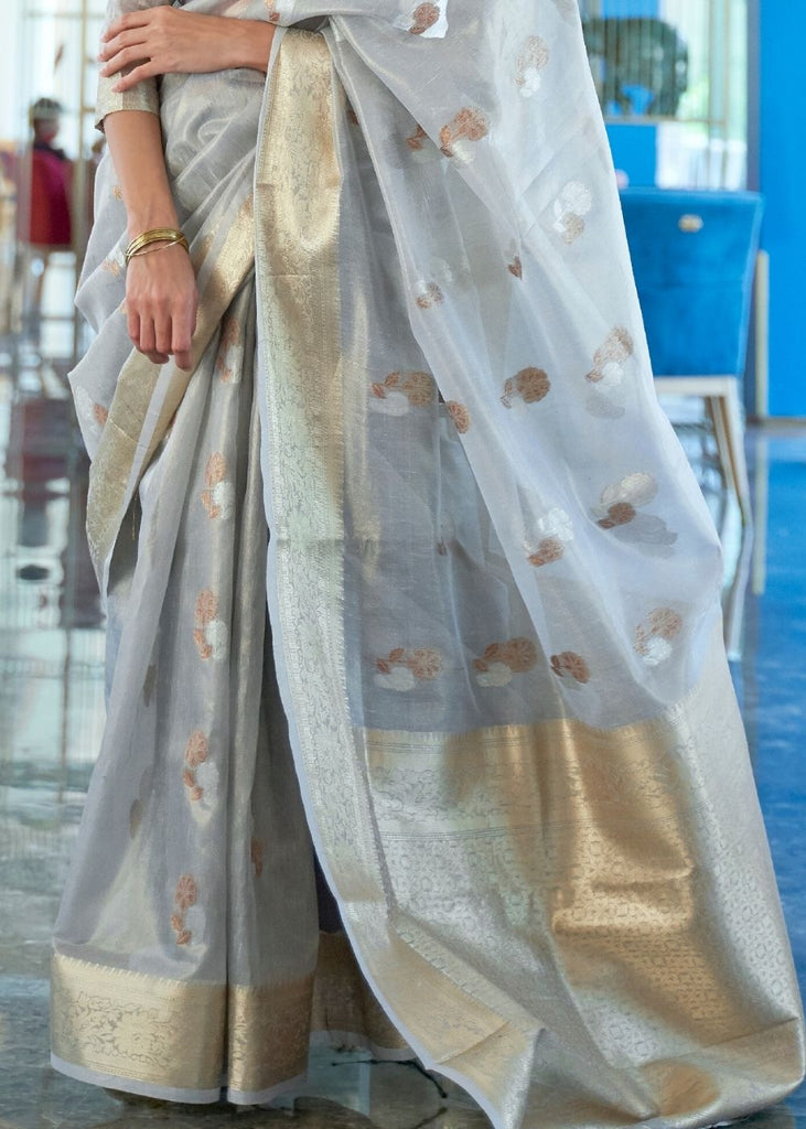 Cloudy Grey Zari Woven Organza Silk Saree Clothsvilla