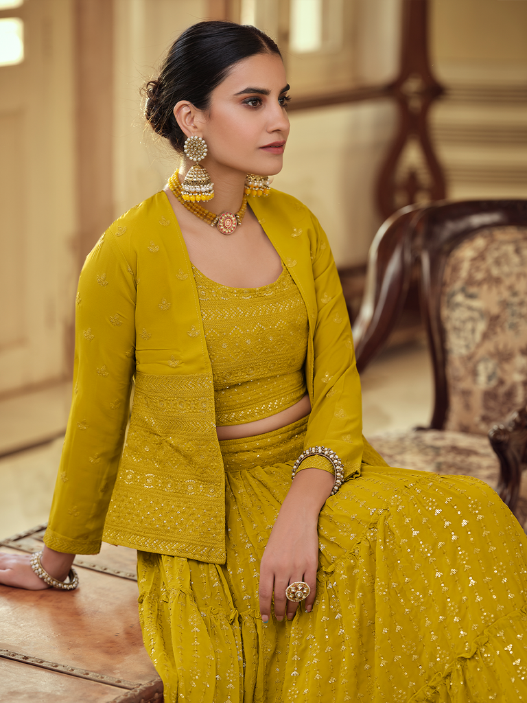 Mustard Embroidered Georgette Semi Stitched Lehenga With Unstitched Blouse Clothsvilla