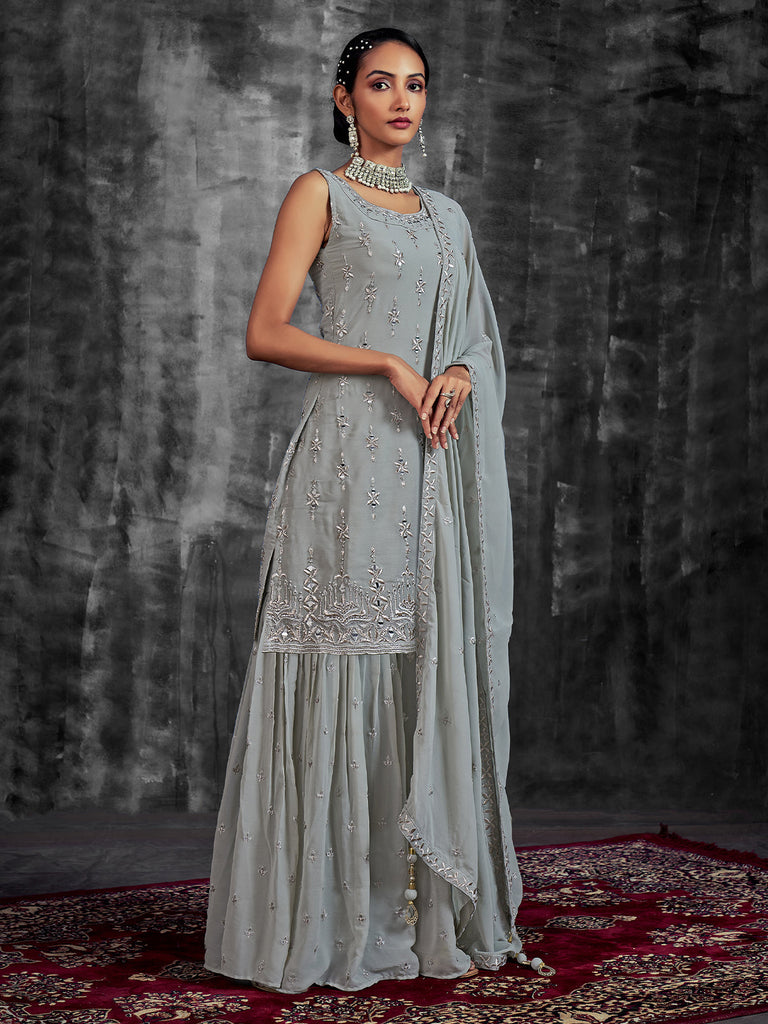 Grey Embroidered Partywear Stitched Kurta Set Clothsvilla