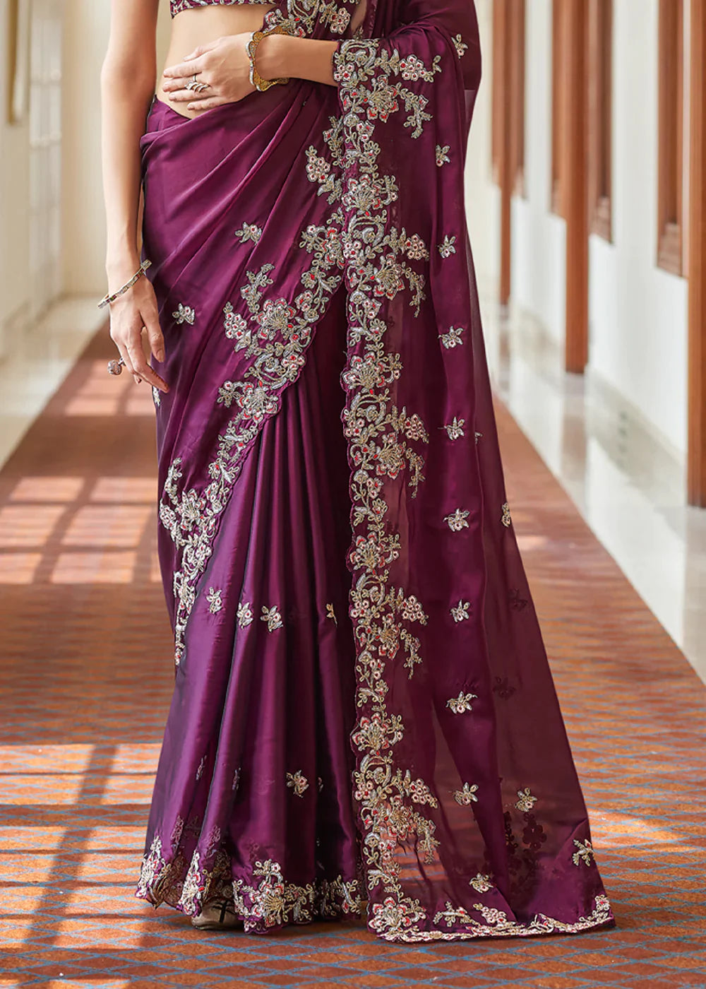 PURPLE CRAPE DORI, RESHAM,CUT-WORK Designer Saree Clothsvilla