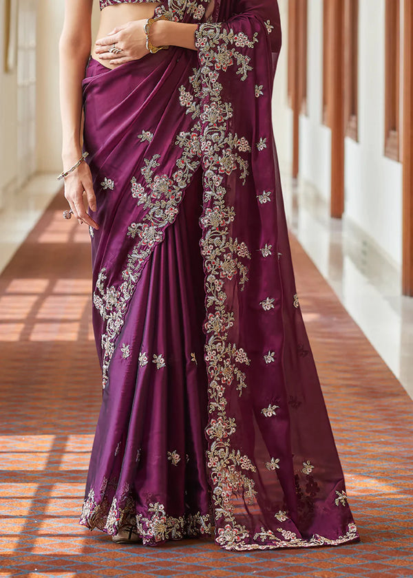 PURPLE CRAPE DORI, RESHAM,CUT-WORK Designer Saree Clothsvilla