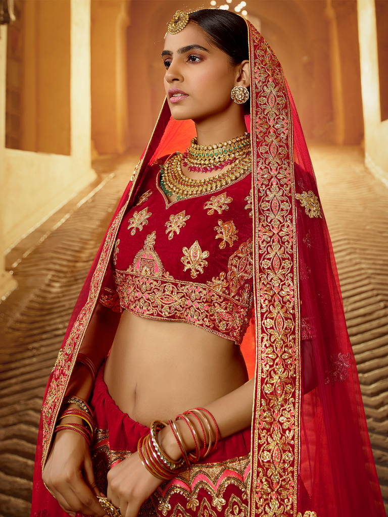 Red Velvet Semi Stitched Lehenga With Unstitched Blouse Clothsvilla