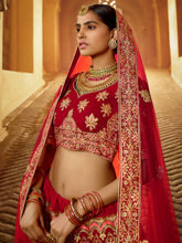 Load image into Gallery viewer, Red Velvet Semi Stitched Lehenga With Unstitched Blouse Clothsvilla