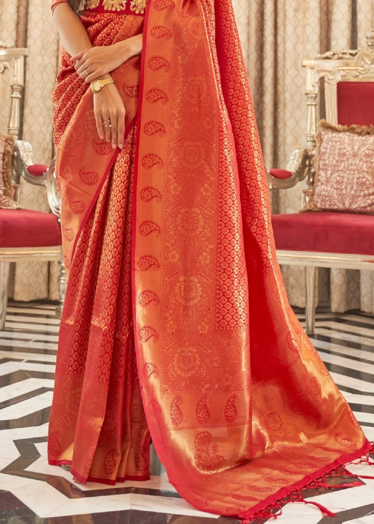 Vermilion Red Zari Woven Kanjivaram Silk Saree with Tassels on Pallu Clothsvilla