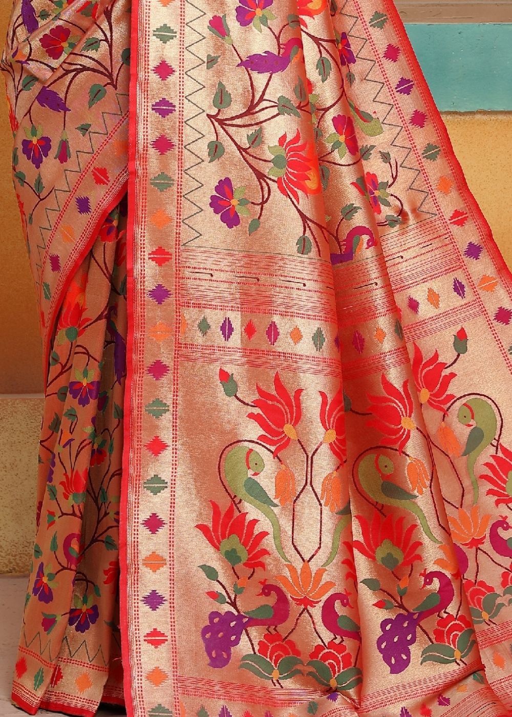Cherry Red and Golden Blend  Paithani Silk Saree Clothsvilla