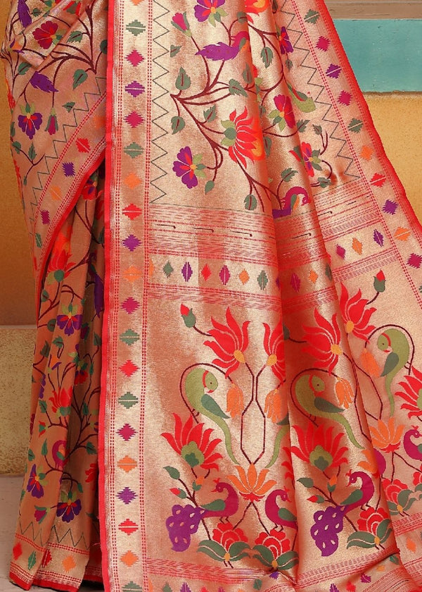 Cherry Red and Golden Blend  Paithani Silk Saree Clothsvilla