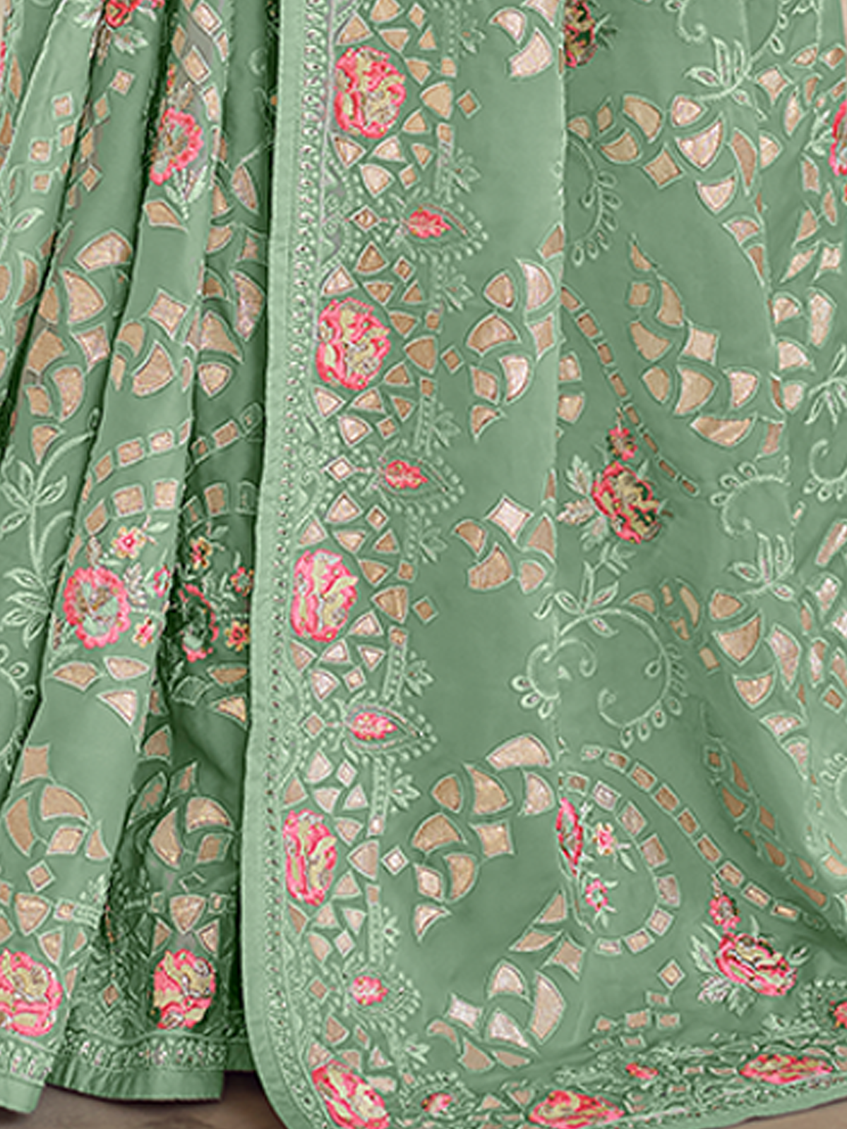 Green Satin Georgette Saree With Unstitched Blouse Clothsvilla