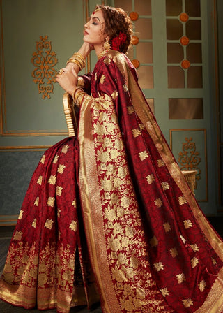 Maroon Red and Golden Banarasi Silk Saree Clothsvilla