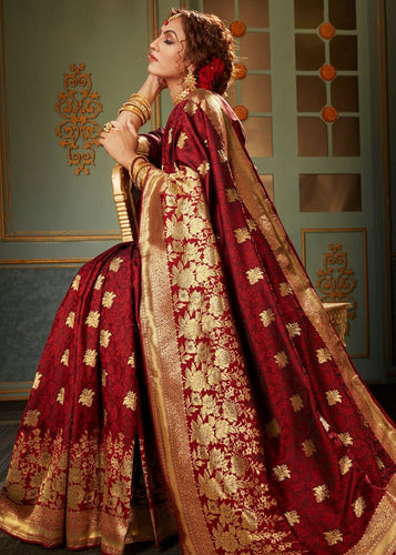 Maroon Red and Golden Banarasi Silk Saree Clothsvilla