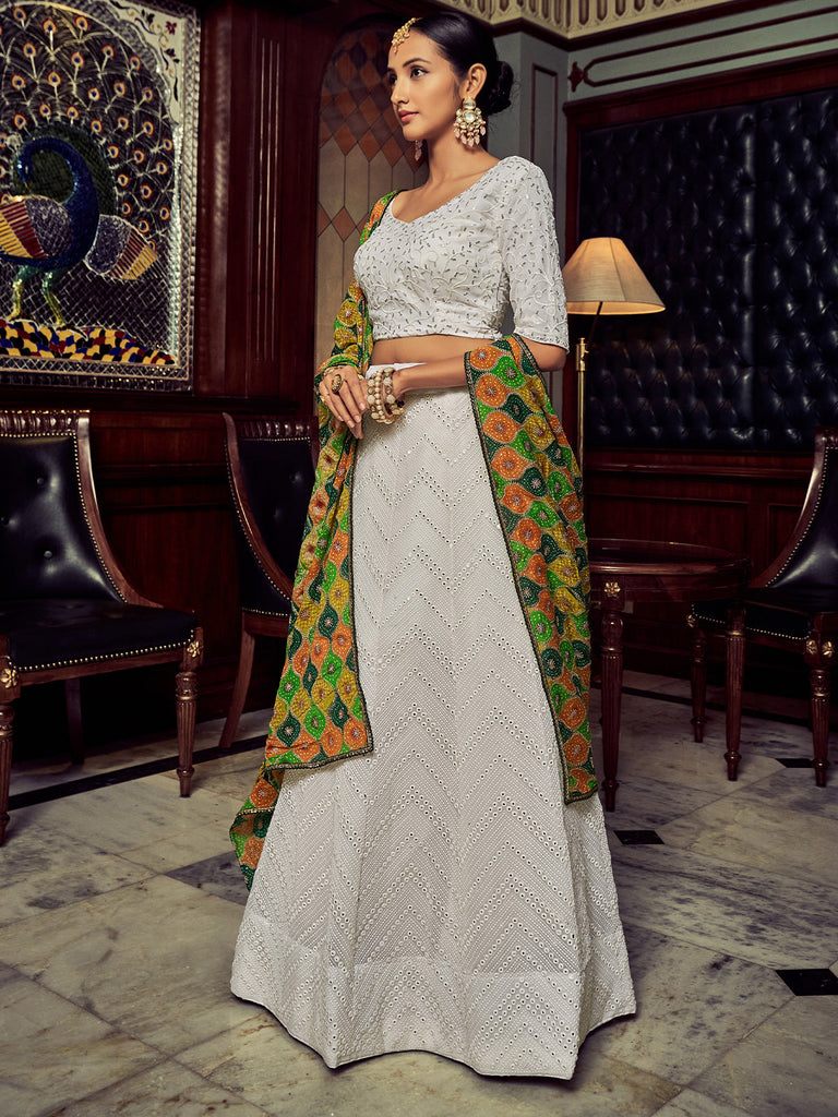 White Embroidered Georgette Semi Stitched Lehenga With Blouse Piece Clothsvilla