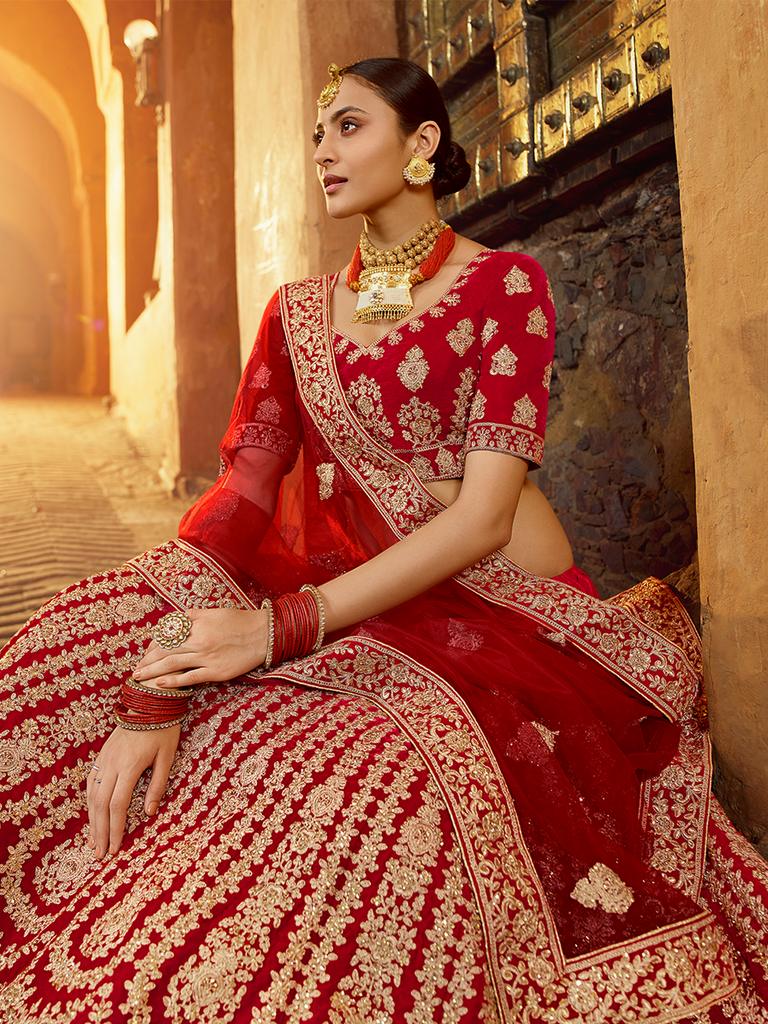 Red Embroidered Velvet Semi Stitched Lehenga With Unstitched Blouse Clothsvilla