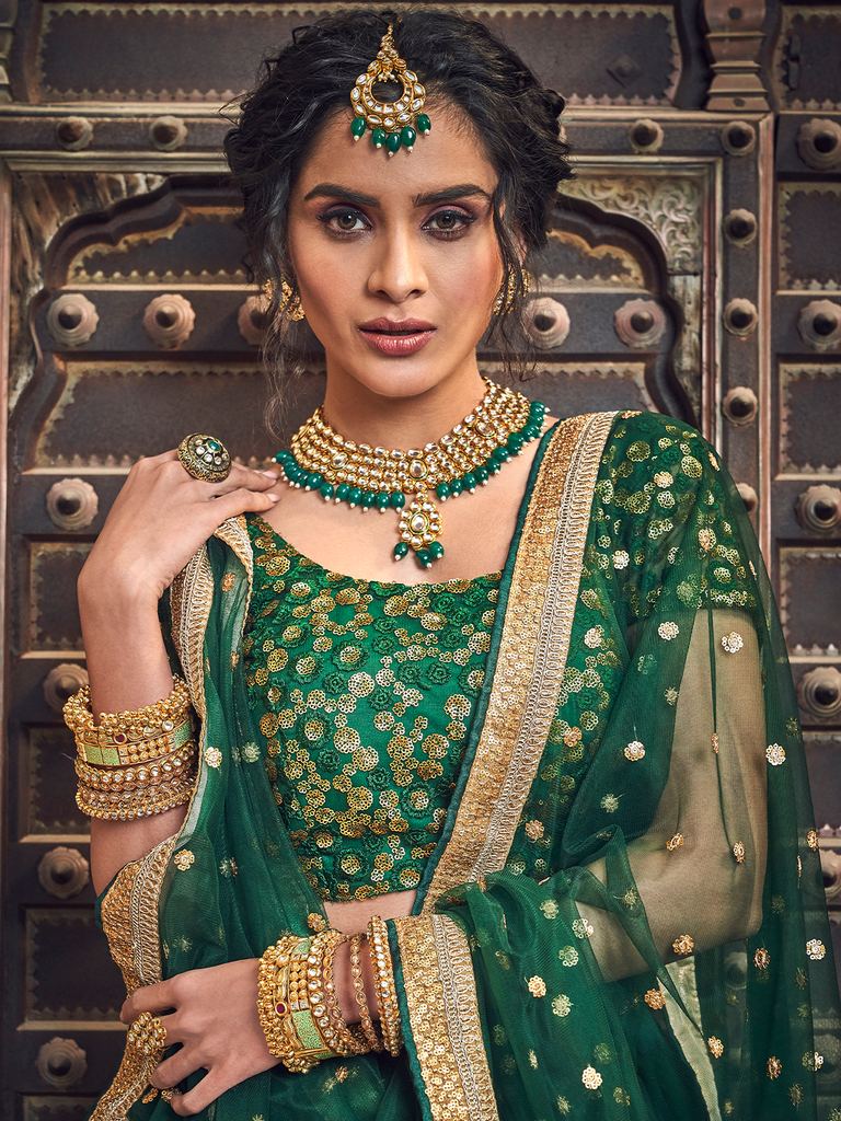 Green Embroidered Soft Net Semi Stitched Lehenga With Unstitched Blouse Clothsvilla