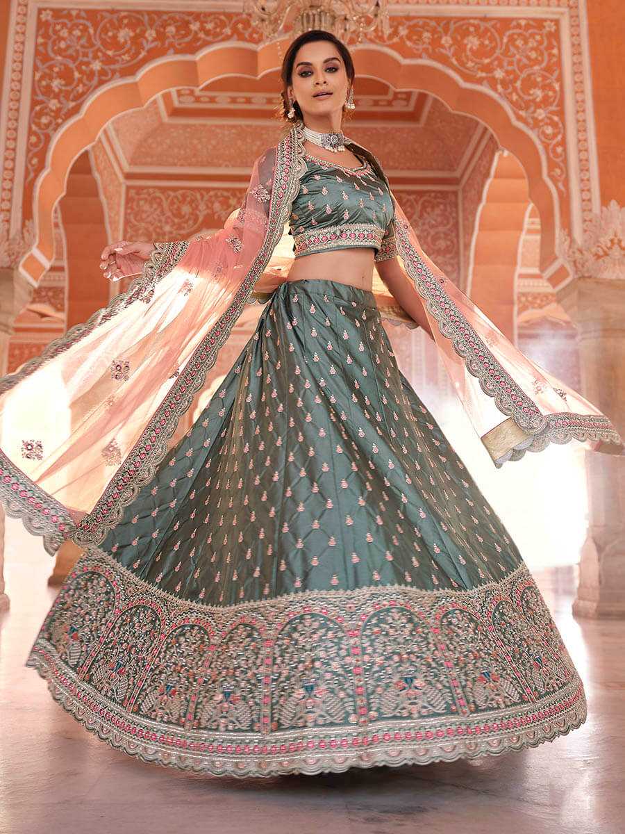 Rama Green Embroidered Designer Lehenga Choli Clothsvilla