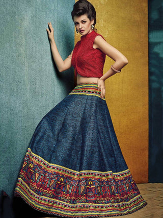 Red and Blue Designer Partywear Lehenga Choli ClothsVilla