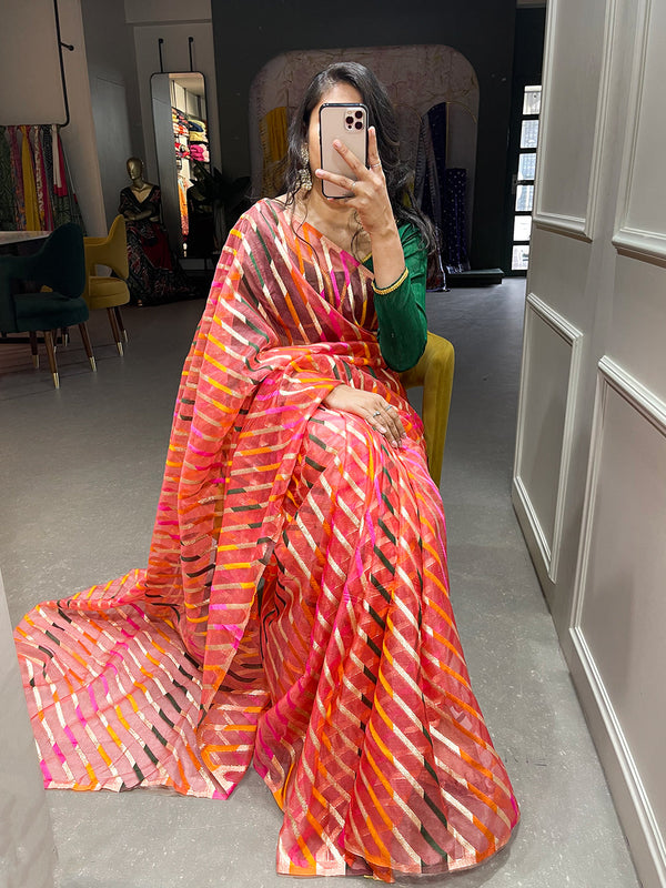 Pink Color Zari Weaving Work Organza Saree Clothsvilla