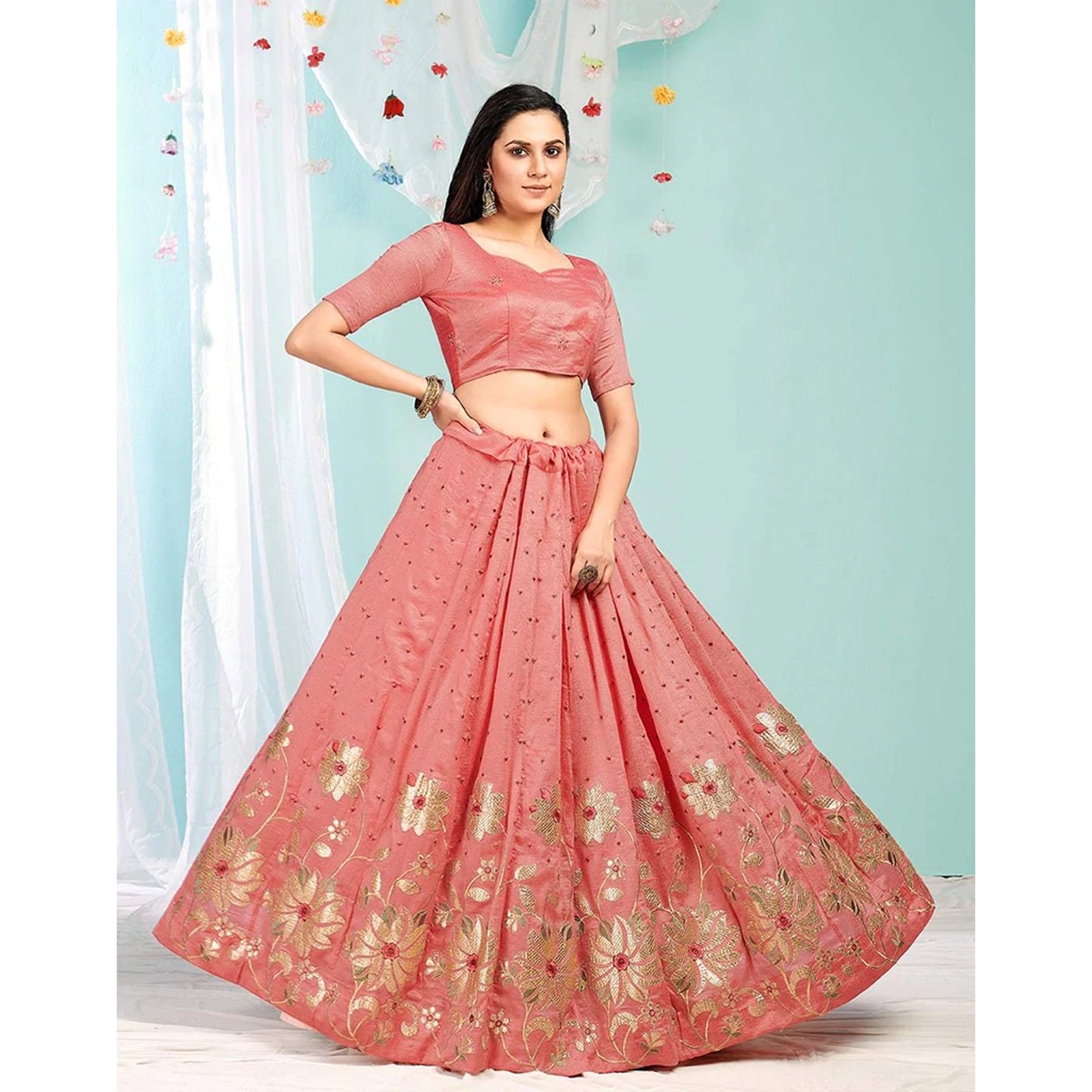 Pink Daisy Gota Patti and Zari Stich Without can can work Lehenga choli ClothsVilla