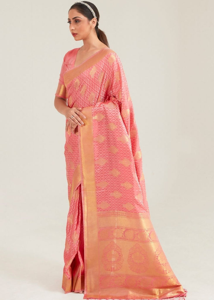 Salmon Pink Zari Butta Woven Banasari Silk Saree Clothsvilla