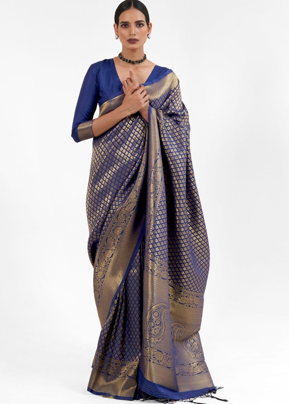 Midnight Blue Kanjivaram Soft Woven Silk Saree Clothsvilla Main image