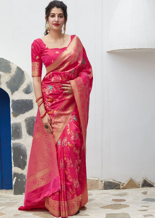 Magenta Silk Saree with Thread Embroidery work and Golden Zari Border Clothsvilla
