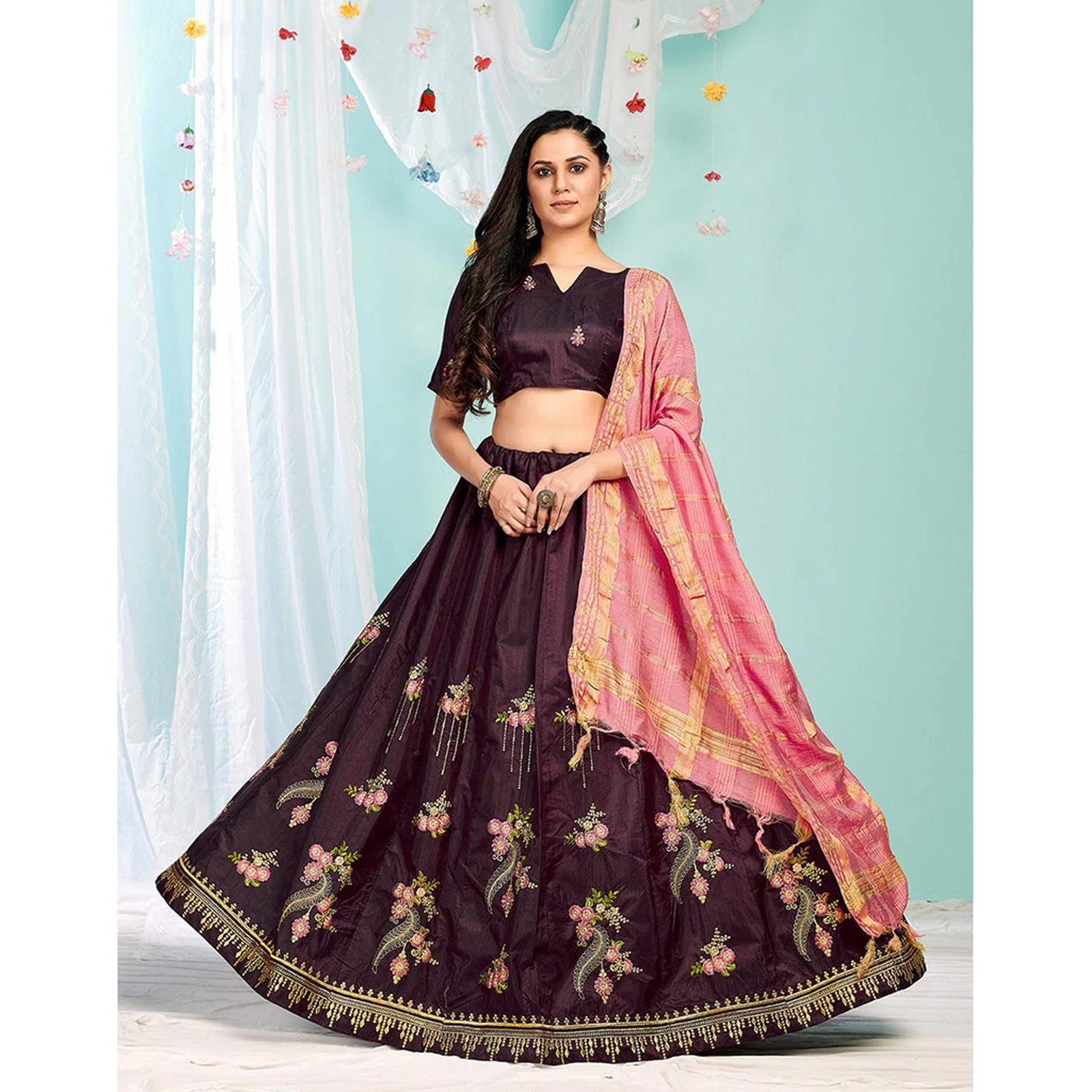 Purple Brown Gota Patti and Zari Stich Without can can work Lehenga choli ClothsVilla