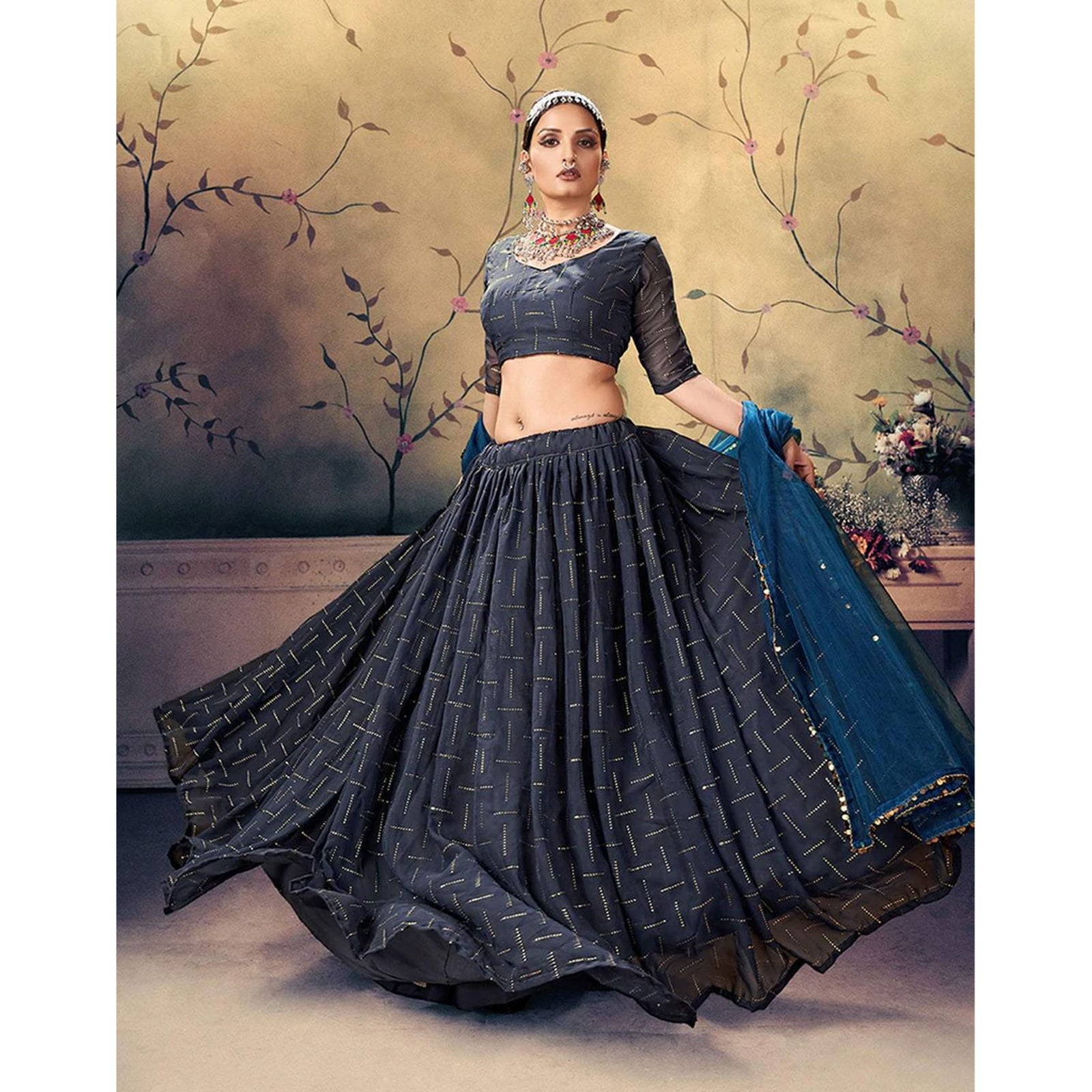 Black Pearl Georgette Fabrics Lehenga choli ClothsVilla