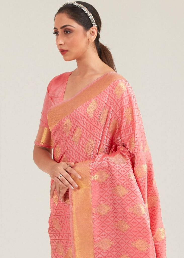 Salmon Pink Zari Butta Woven Banasari Silk Saree Clothsvilla