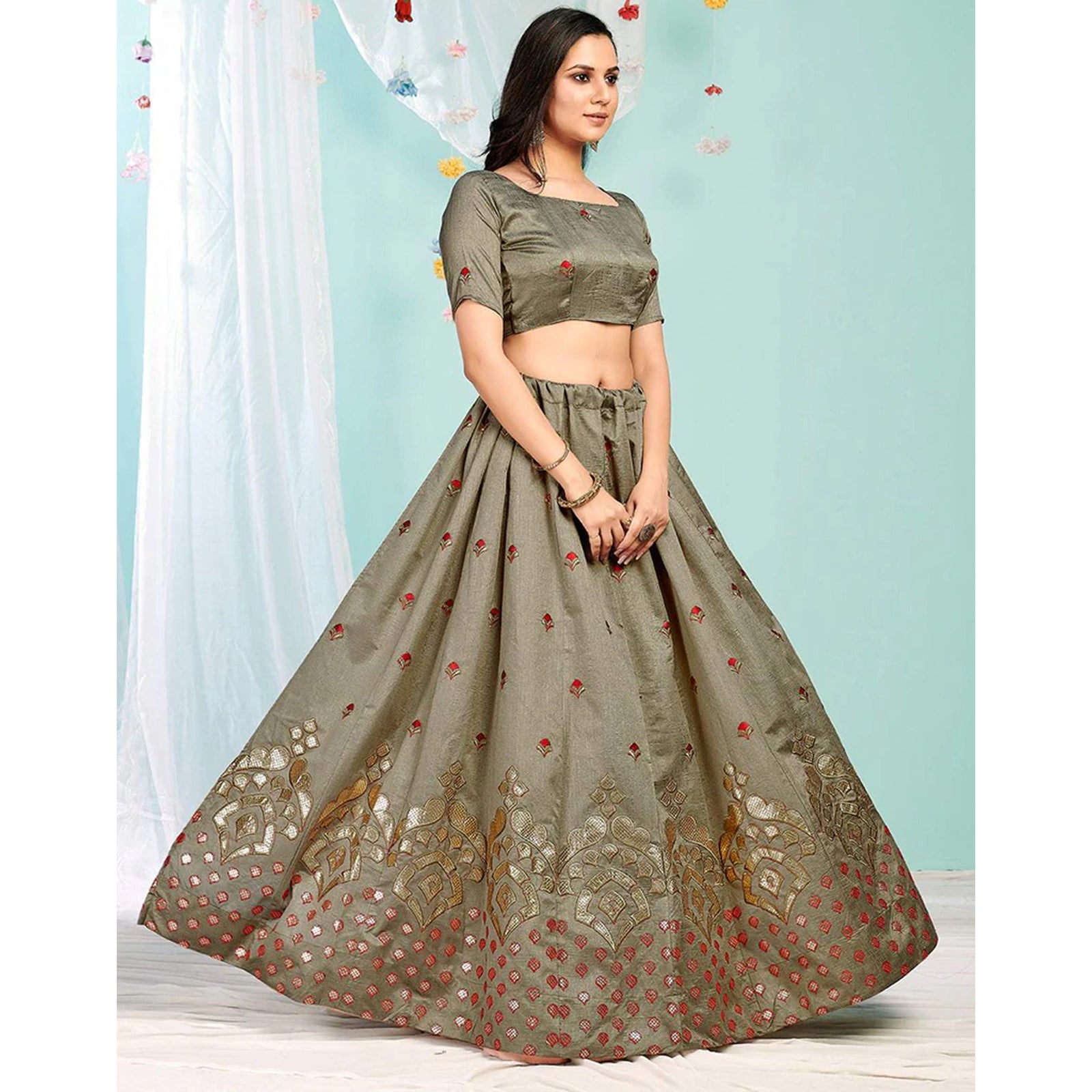 Brown Grey Gota Patti and Zari Stich Without can can work Lehenga choli ClothsVilla