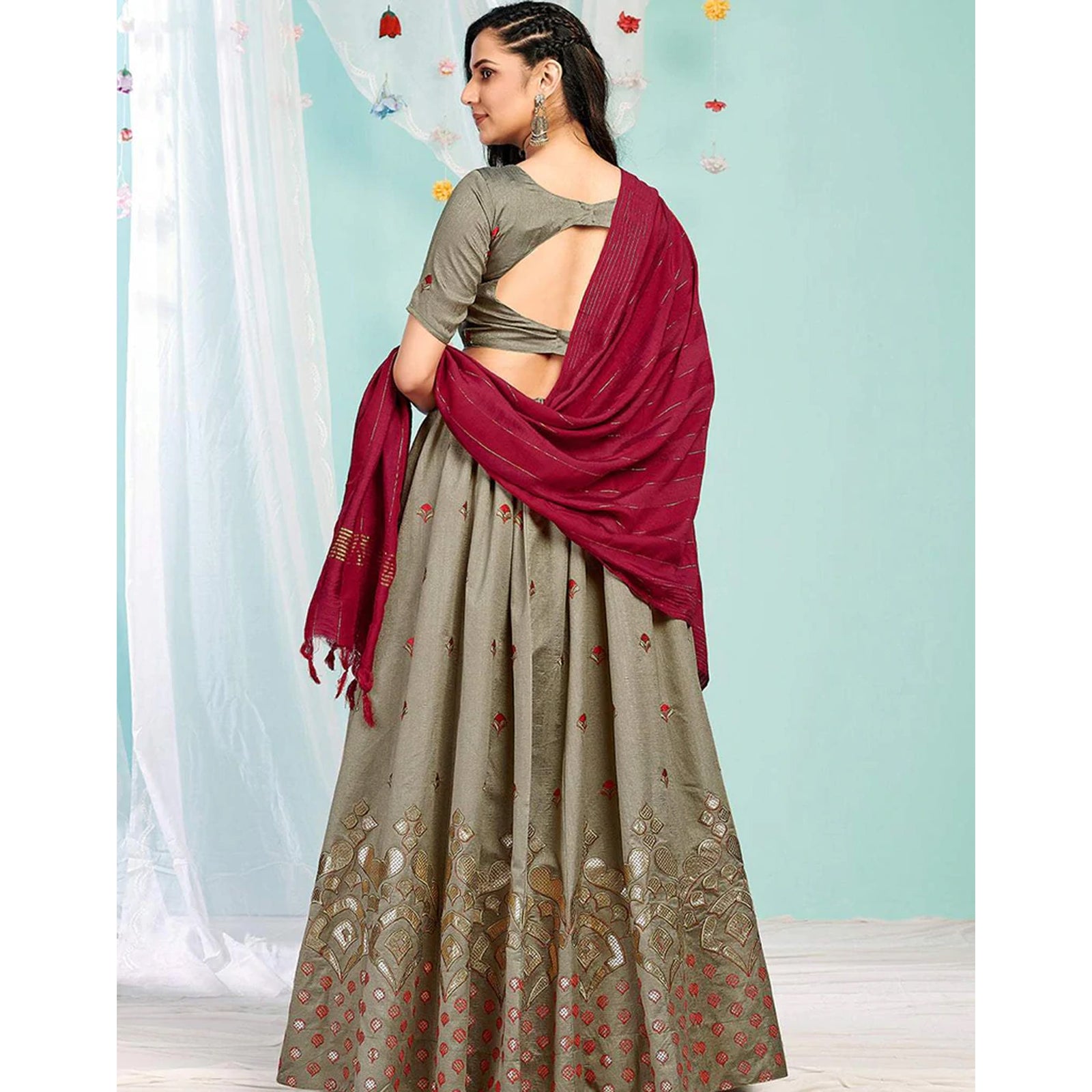 Brown Grey Gota Patti and Zari Stich Without can can work Lehenga choli ClothsVilla