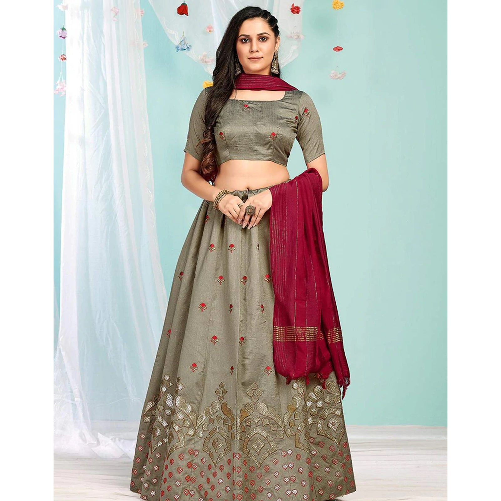 Brown Grey Gota Patti and Zari Stich Without can can work Lehenga choli ClothsVilla