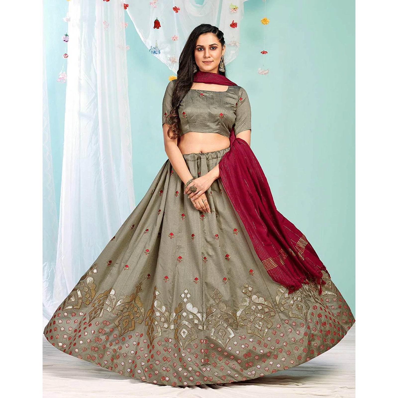 Brown Grey Gota Patti and Zari Stich Without can can work Lehenga choli ClothsVilla