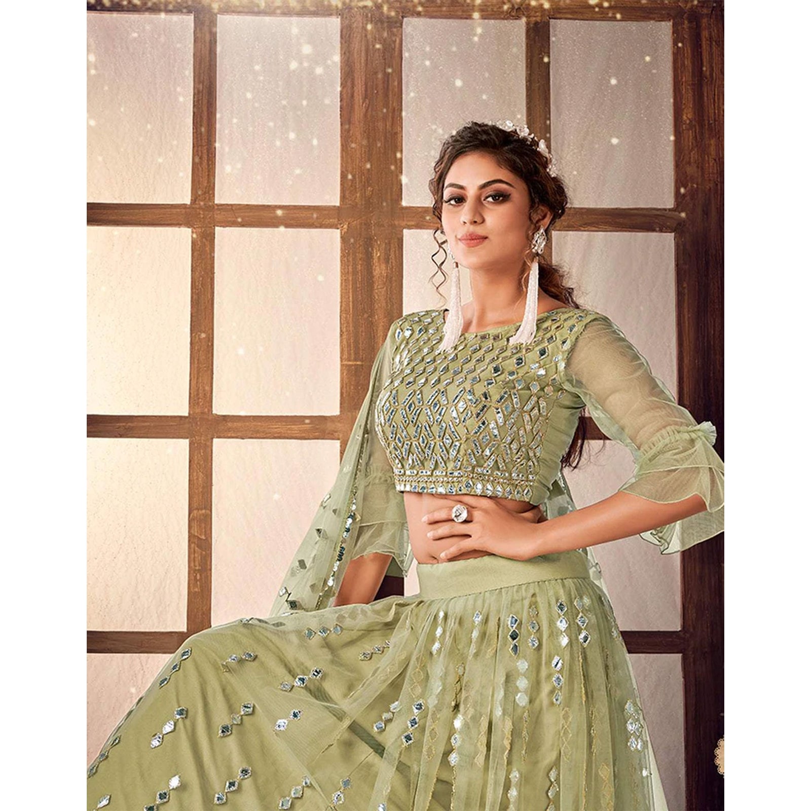 Pale Brown color Soft Net Lehenga choli ClothsVilla