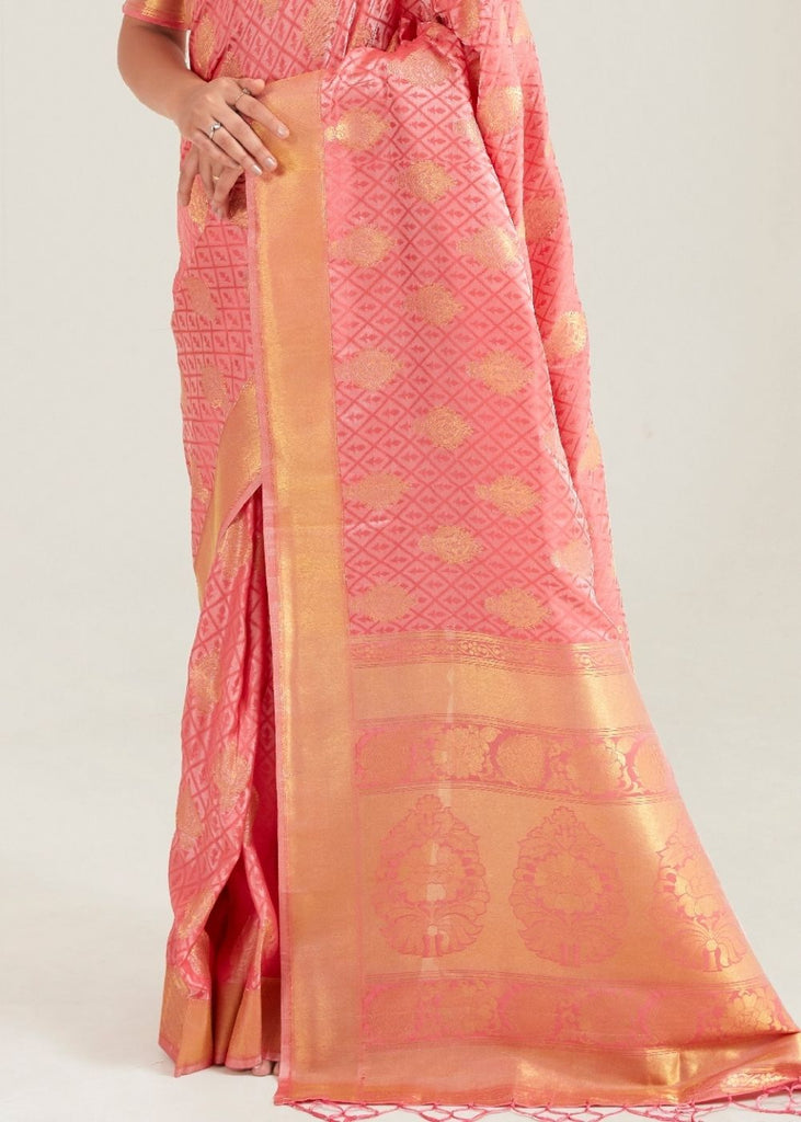 Salmon Pink Zari Butta Woven Banasari Silk Saree Clothsvilla