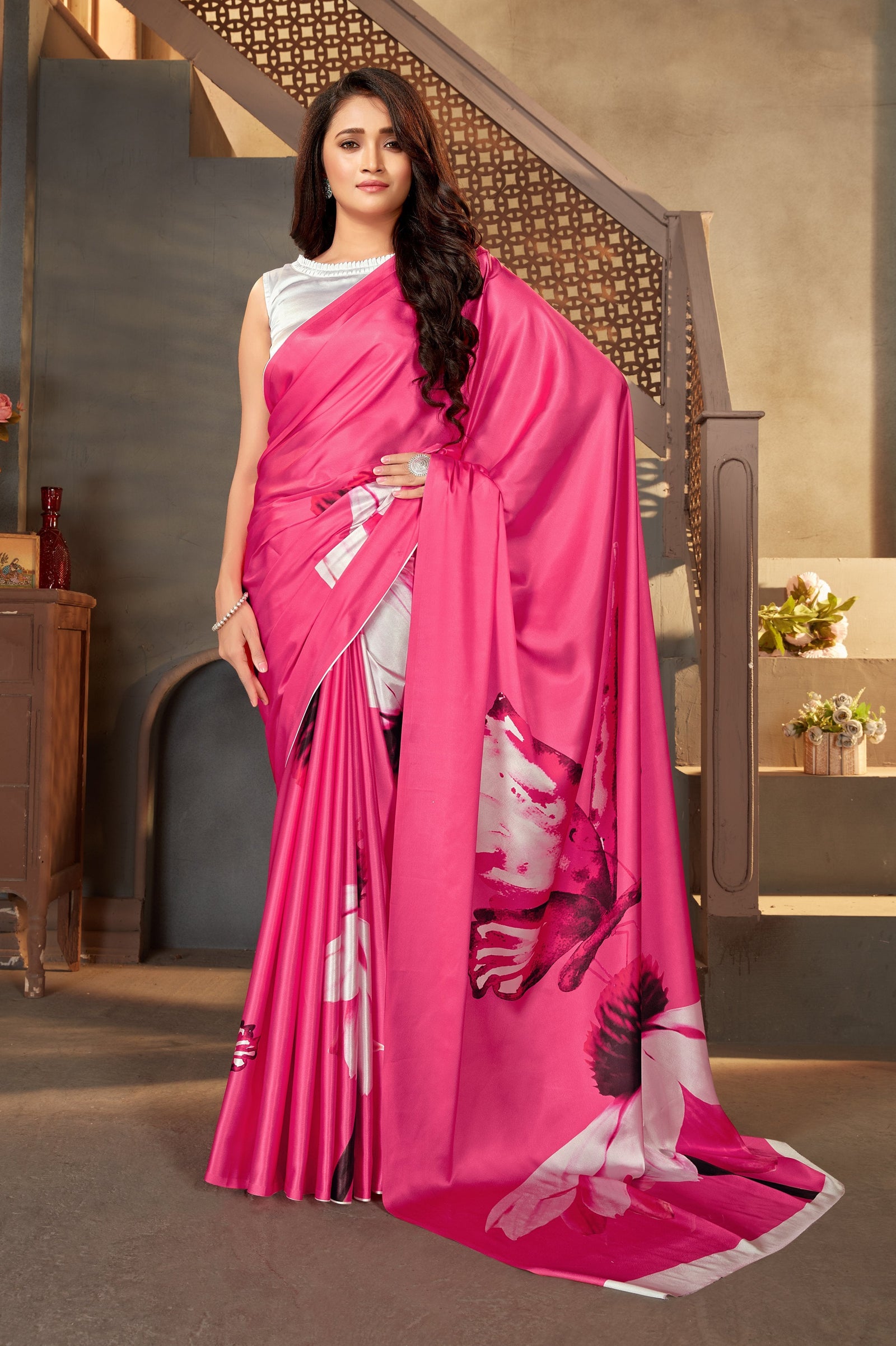 Pink color Satin digital print Saree Clothsvilla
