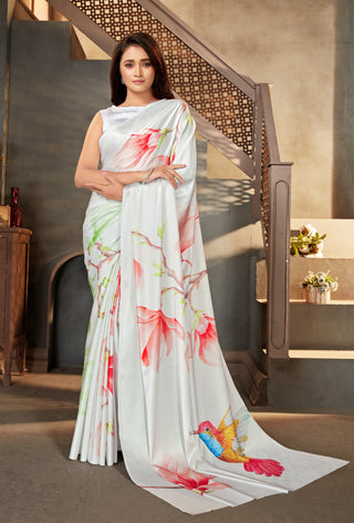 Off white color Satin digital print Saree Clothsvilla