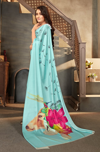 Sky blue color Satin digital print Saree Clothsvilla