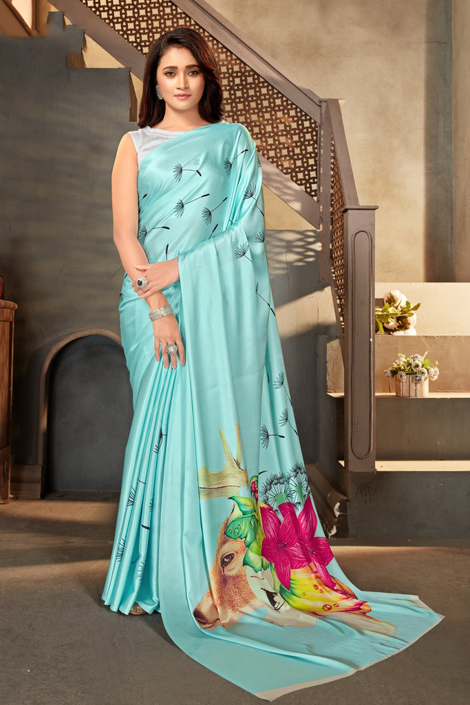 Sky blue color Satin digital print Saree Clothsvilla