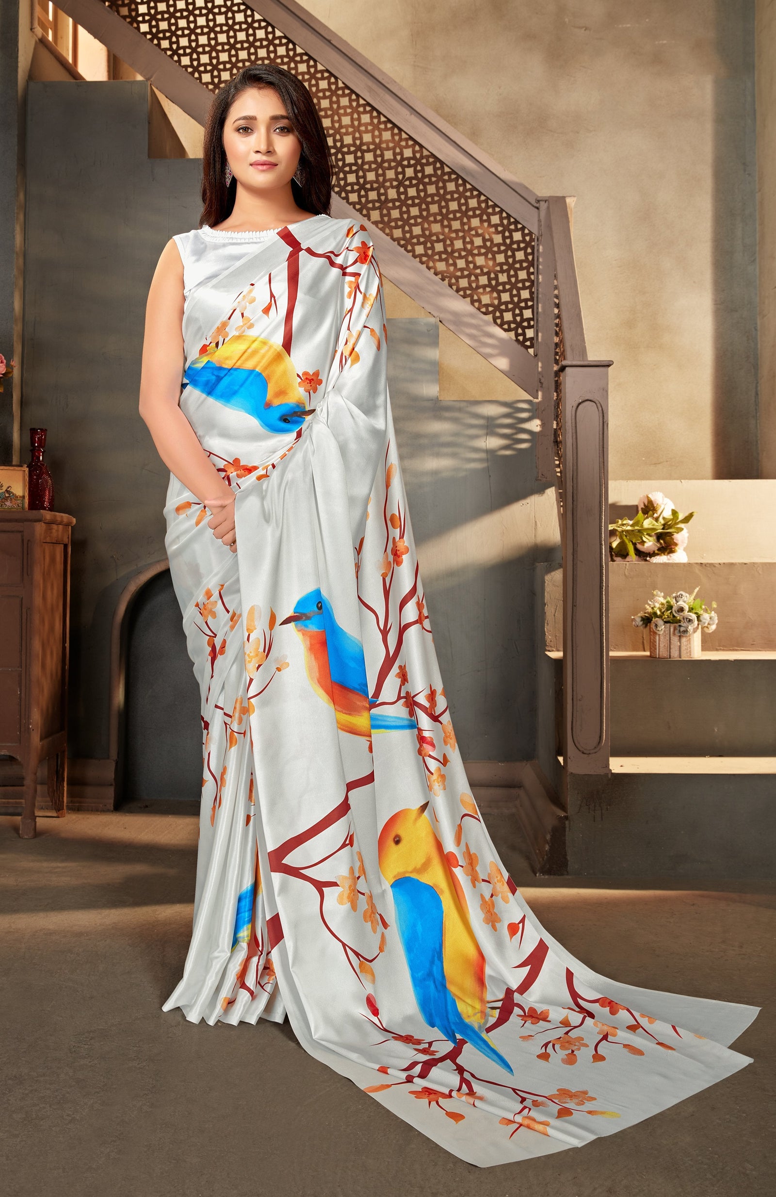 Cream color Satin digital print Saree Clothsvilla