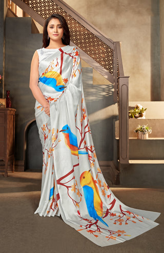 Cream color Satin digital print Saree Clothsvilla
